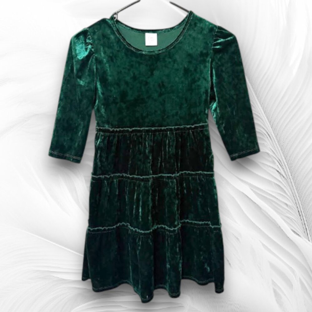Girls Green Velvet Tiered Dress